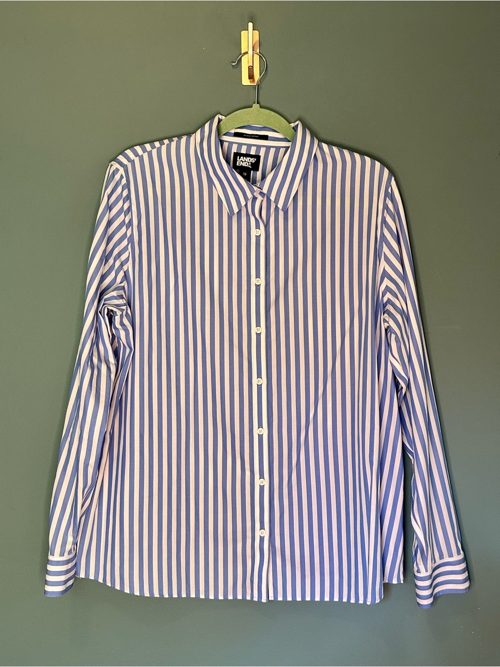 Lands’ End No Iron Supima Cotton Blue & White Striped Button-Up Shirt Size 16 - Picture 10 of 11